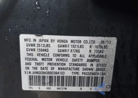 2013 Honda Fit from USA, damaged, VIN JHMGE8H39DC064103